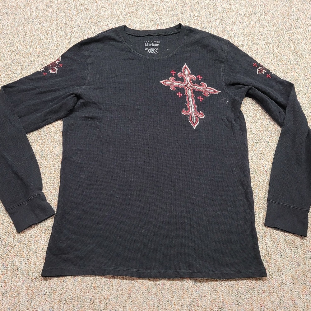 Archaic Shirt Mens 3XL Black Long‎ Sleeve Thermal Knit Grunge Cross Affliction